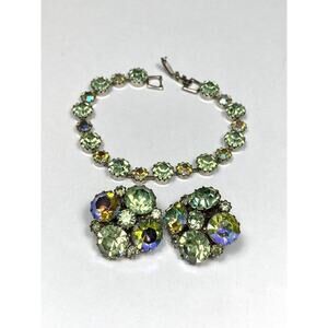 WEISS Bracelet Clip Ons Set Austrian Crystals AB Green Silver Tone